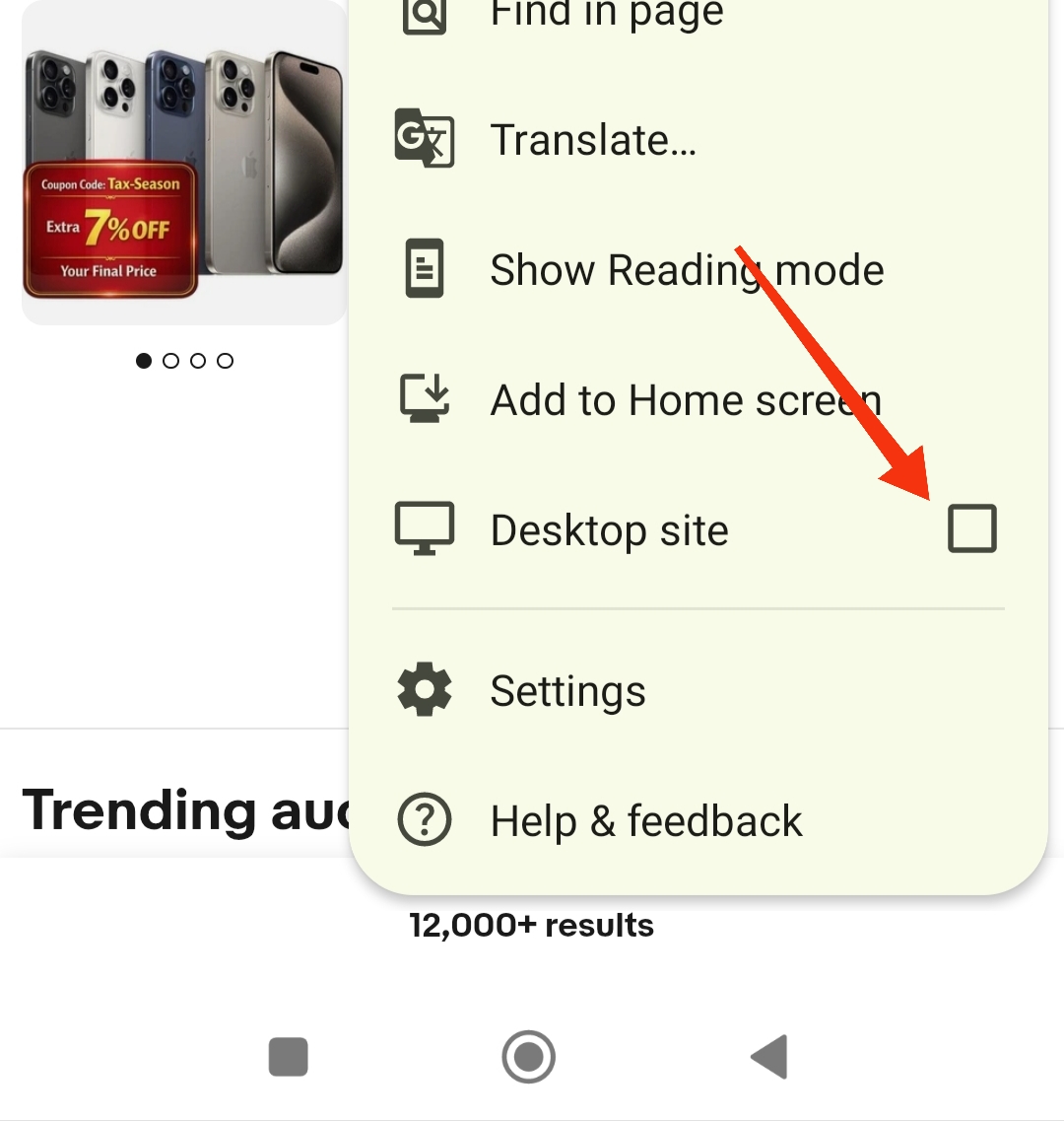 Chrome Desktop Site option unchecked on mobile browser