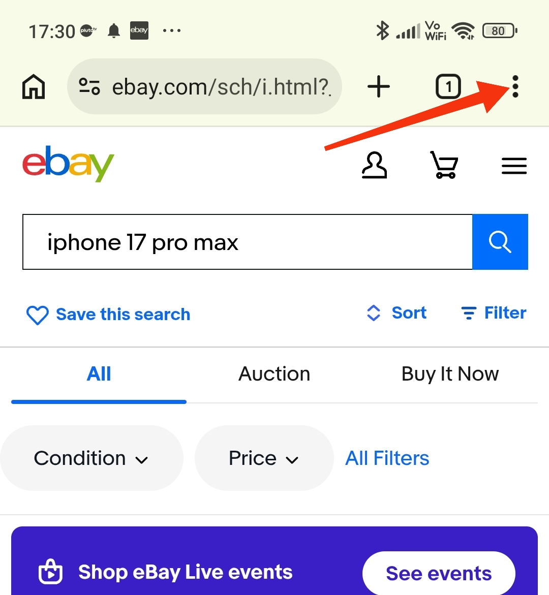 Chrome browser three-dot menu on smartphone screen